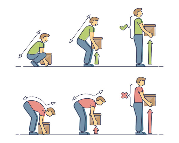 Illustration of the right way to lift an object to help protect you from injury (top, in green) and the wrong way (bottom, in red).